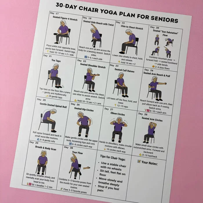 Affiche de plan d'entraînement de yoga en position assise sur 30 jours pour les seniors