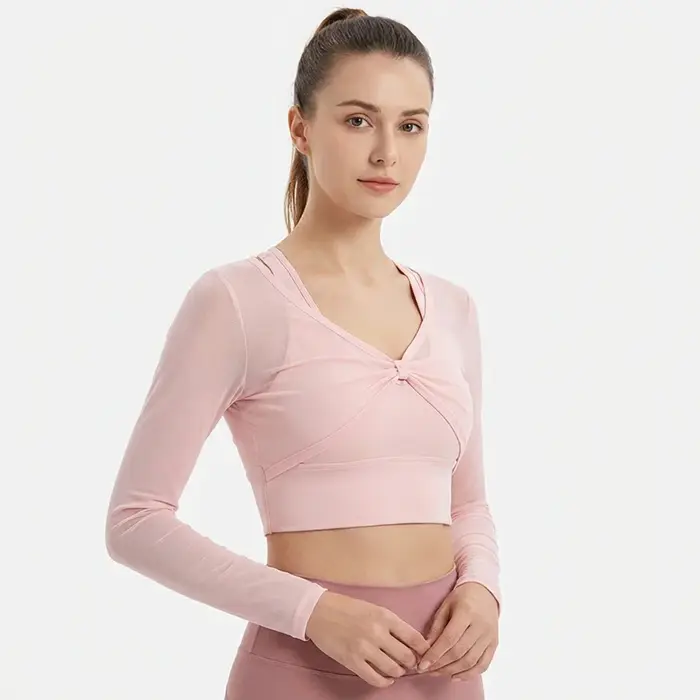 Haut de yoga à manches longues rembourré pour femmes, haut de sport sexy en maille, haut de sport po