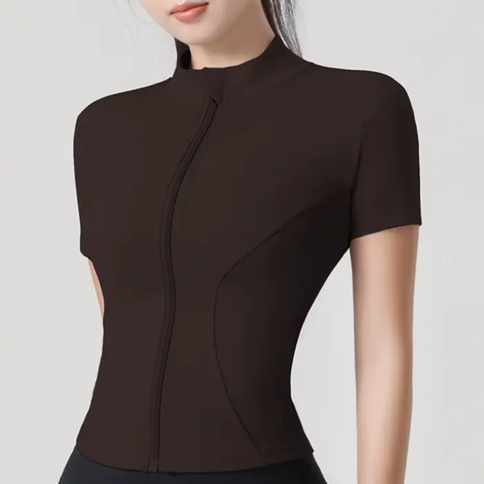 Femme yoga veste haute élastique Yoga à manches courtes manteau col montant serré sport manteau nu F