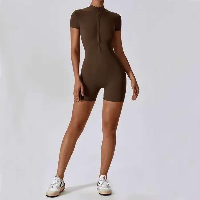 Combinaison de Yoga d'été à manches courtes avec fermeture éclair, tenue de sport, Fitness, body pou