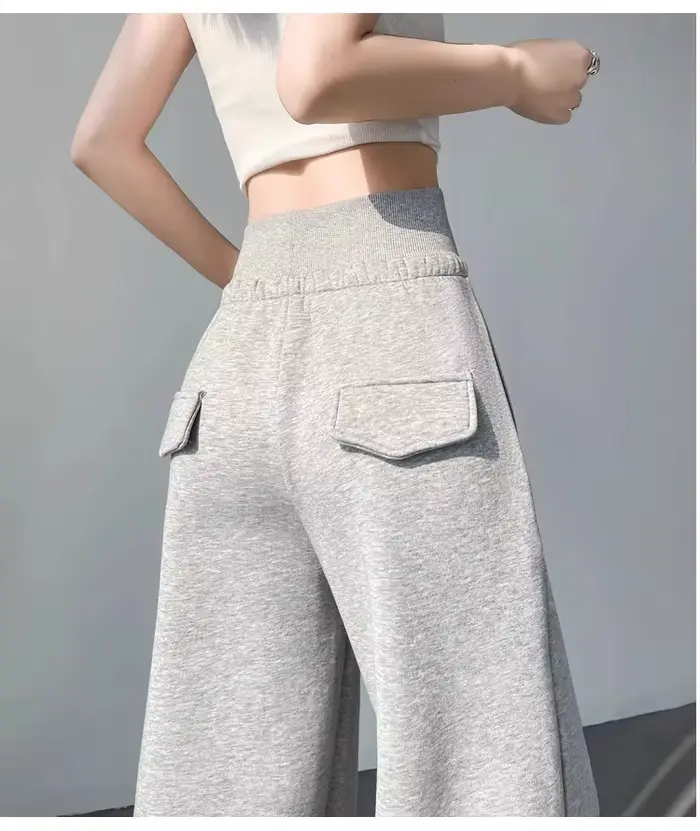 Pantalon de sport gris taille haute pour femmes, ample, amincissant, jambes droites, jambes larges,