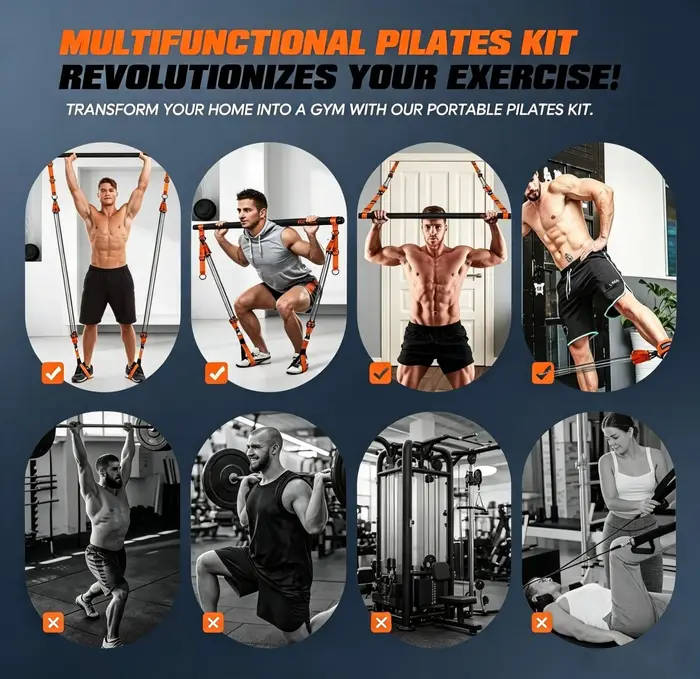 Ensemble de barres de Pilates portables avec bandes de résistance, bâton de yoga multifonctionnel, équipement d'entraînement à domicile pour sculpter les bras, la taille, les abdominaux, les hanches e