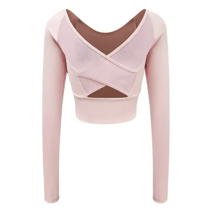 Haut de sport à manches longues pour femme, effet seconde peau, avec soutien-gorge intégré et design croisé en mesh sur le devant, idéal pour le yoga, le pilates et le fitness