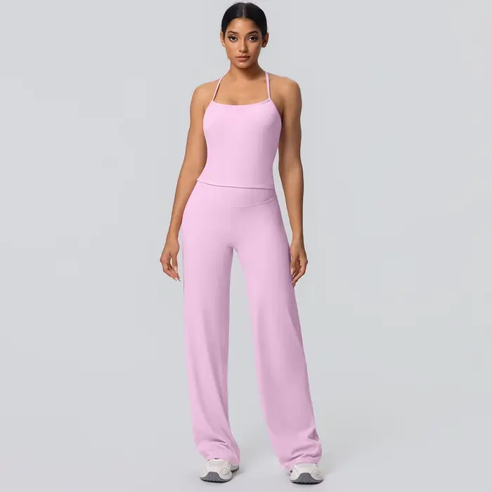 Ensemble de Yoga 2 pièces pour femmes, couleur unie, sport, Sexy, belle sangle arrière, haut d'entra