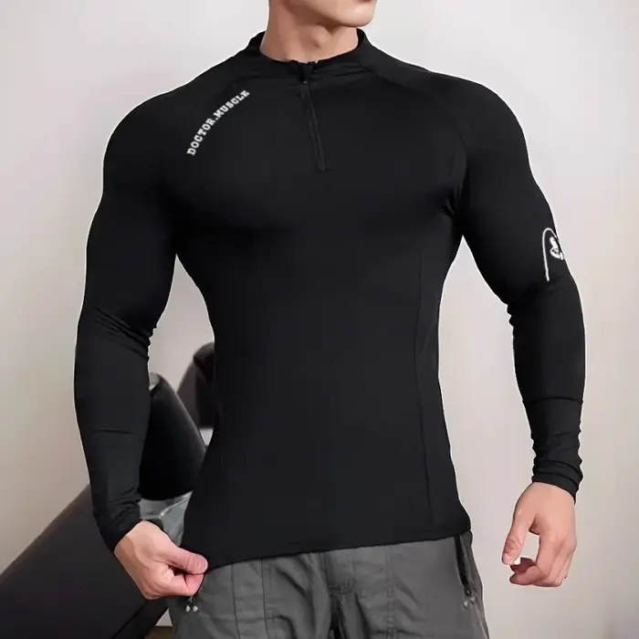 Haute qualité fermeture éclair col rond hauts sport printemps automne fitness T-shirt hommes à manches longues séchage