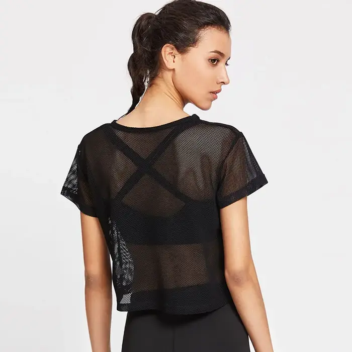 Chemise de yoga en maille pour femmes, t-shirt sexy à manches courtes, haut de sport, chemisier Cove