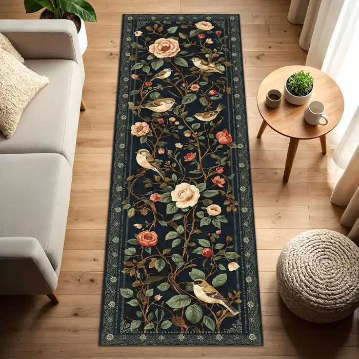Tapis de couloir vintage à motifs floraux et animaux sauvages