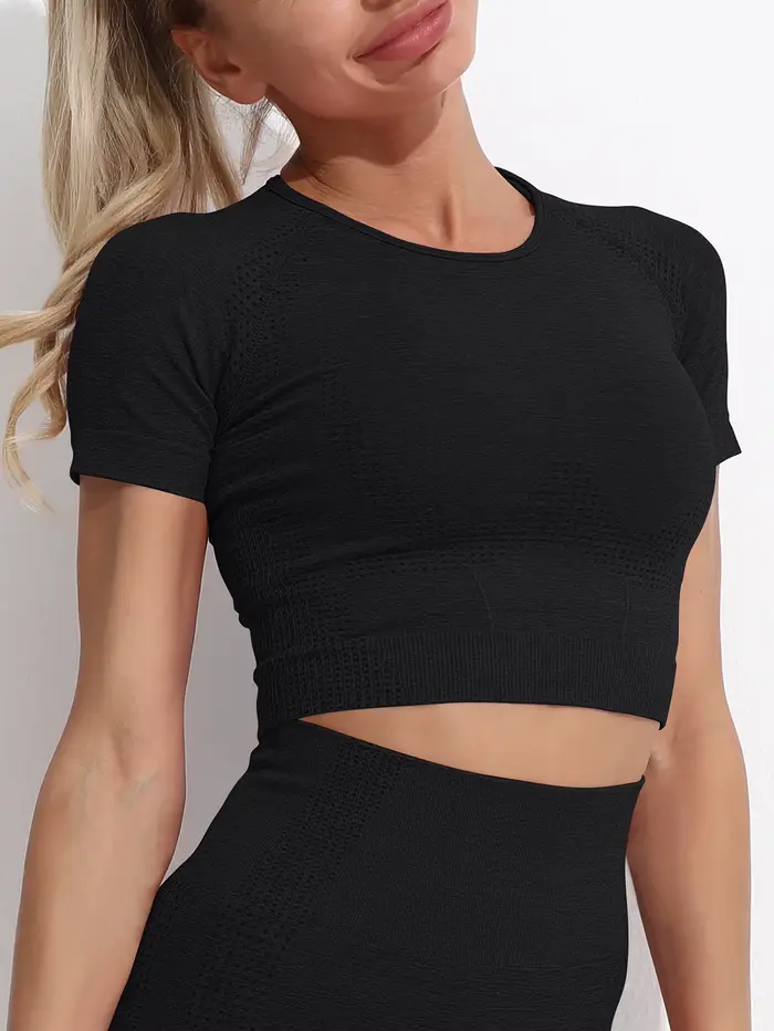 Femmes sans couture Yoga T-Shirt Fitness haut court entraînement chemises de gymnastique à manches c