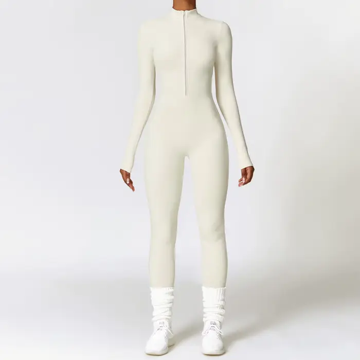 Vêtements de sport une pièce à manches longues pour femmes, barboteuse de Yoga à fermeture éclair, c