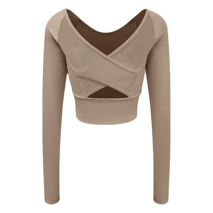 Haut de sport à manches longues pour femme, effet seconde peau, avec soutien-gorge intégré et design croisé en mesh sur le devant, idéal pour le yoga, le pilates et le fitness
