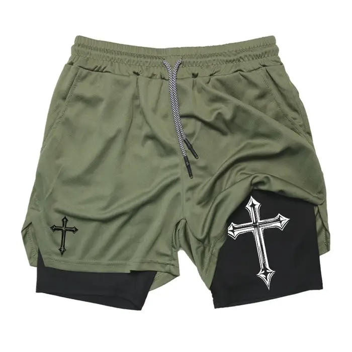 Short d'entraînement 2 en 1 imprimé croisé avec doublure de compression pour homme, short athlétique