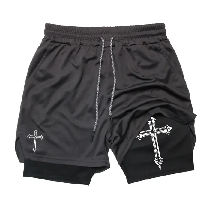 Short d'entraînement 2 en 1 imprimé croisé avec doublure de compression pour homme, short athlétique