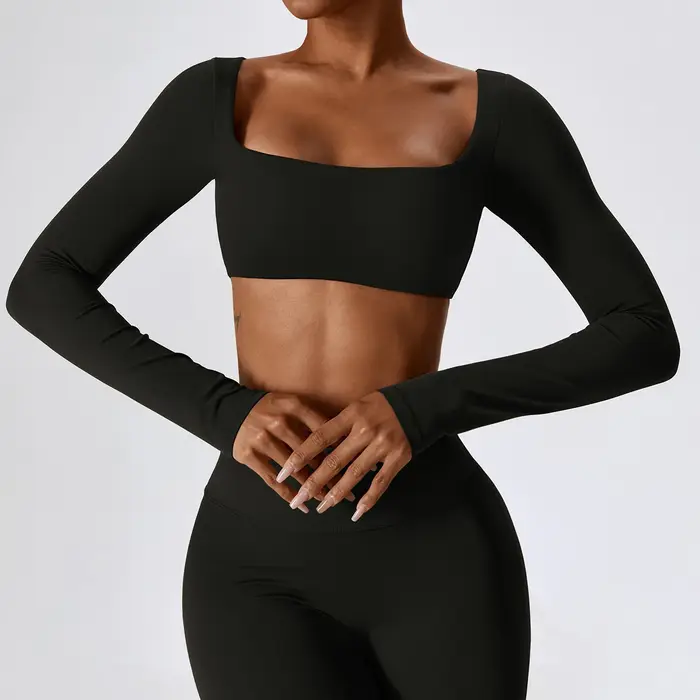 Femmes Crop Tops Yoga T-shirts Solide Haut De Sport À Manches Longues Chemises De Course Sexy Nombri
