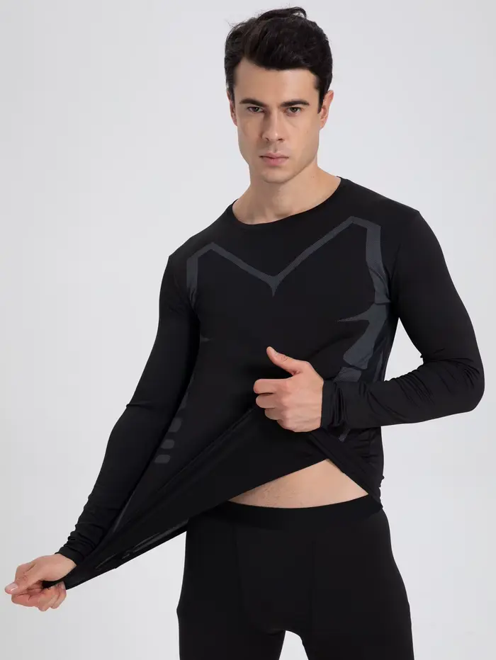 Chemise de sport à manches longues à compression respirante pour hommes – Vêtements de sport à col r