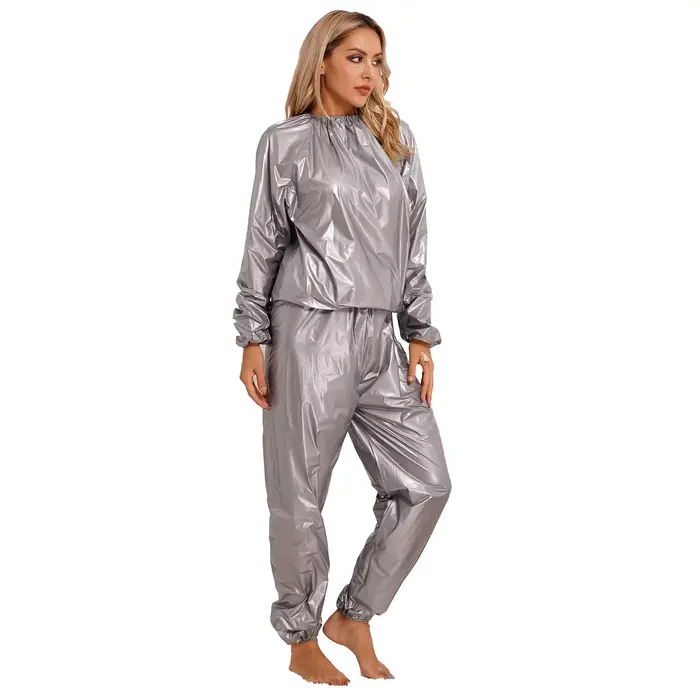 Combinaison de Sauna en PVC pour femmes, 2 pièces, manches longues, manchette élastique, haut et pan