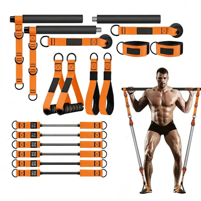 Ensemble de barres de Pilates portables avec bandes de résistance, bâton de yoga multifonctionnel, équipement d'entraînement à domicile pour sculpter les bras, la taille, les abdominaux, les hanches e