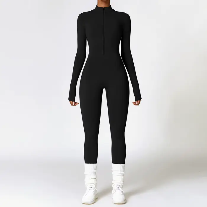 Vêtements de sport une pièce à manches longues pour femmes, barboteuse de Yoga à fermeture éclair, c