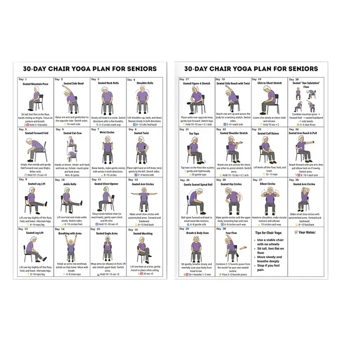 Affiche de plan d'entraînement de yoga en position assise sur 30 jours pour les seniors