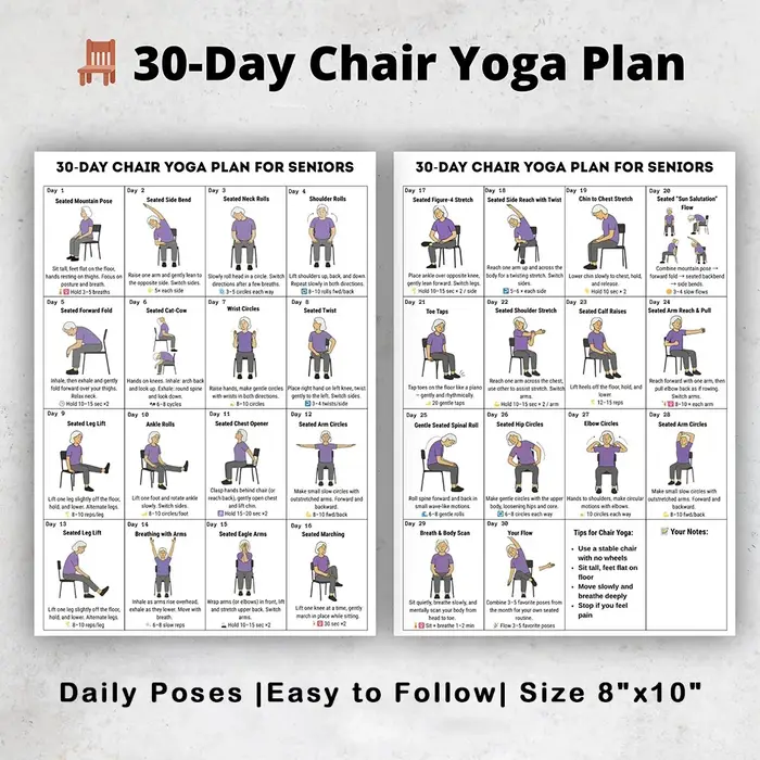 Affiche de plan d'entraînement de yoga en position assise sur 30 jours pour les seniors