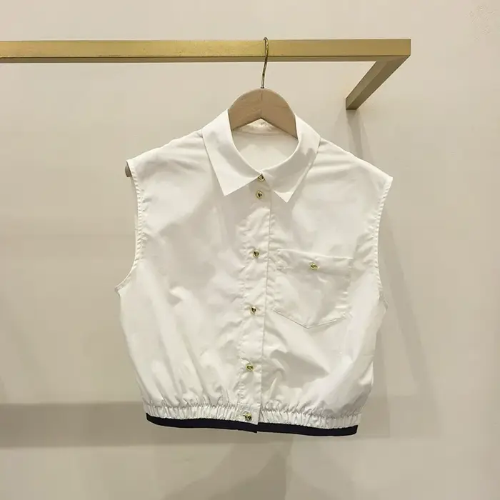 Chemise sans manches pour femme avec ourlet contrastant, col rabattu, débardeur à simple boutonnage
