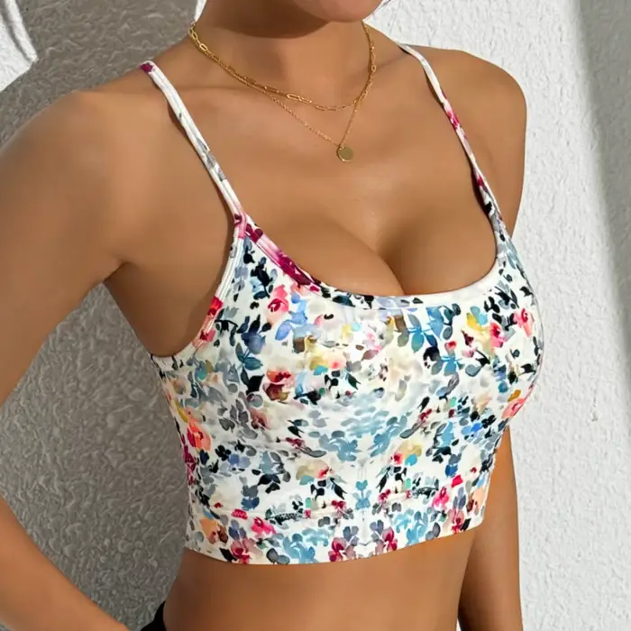 WANAYOU Soutien-gorge de yoga imprimé floral pour femme, dos croisé, sans couture, débardeur de spor