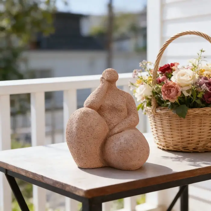 Sculpture abstraite de femme en yoga en résine rouge terre cuite