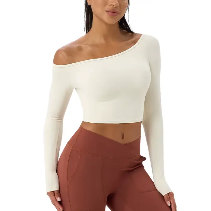 T-shirt de Yoga à manches longues pour femmes, asymétrique épaule dénudée, sexy, serré, vêtements de