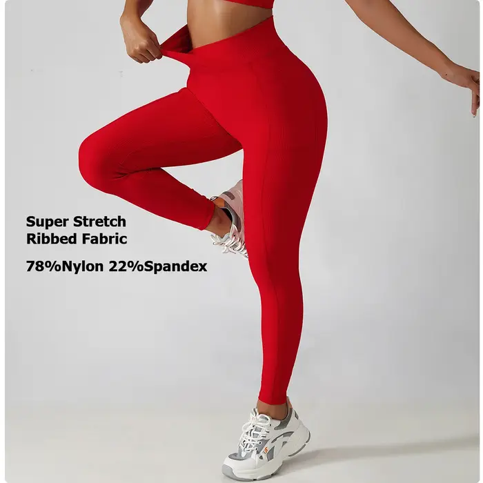Pantalon de Yoga côtelé de couleur unie pour femmes, poches croisées, taille haute, Leggings de Fitn