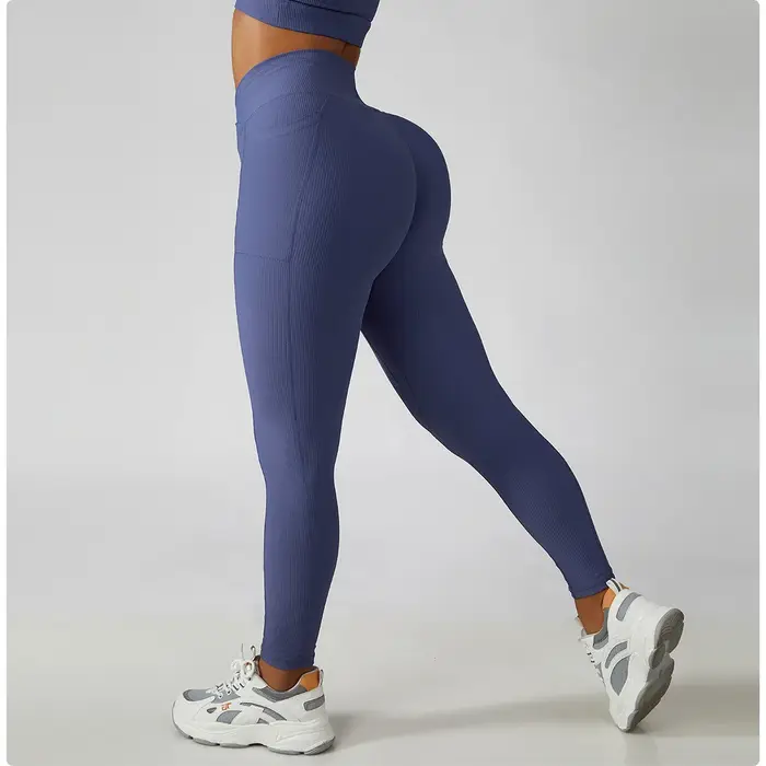 Pantalon de Yoga côtelé de couleur unie pour femmes, poches croisées, taille haute, Leggings de Fitn