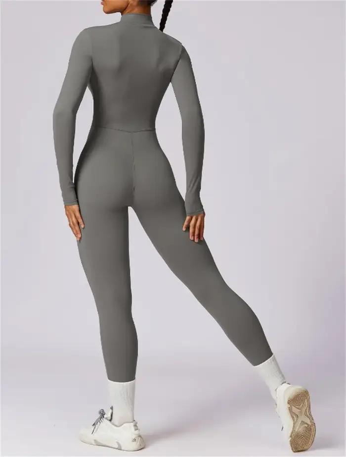 Combinaison de yoga longue intégrée à demi-zip, couleur unie, sexy, manches longues, vêtements de sp
