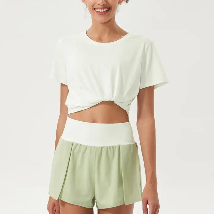T-shirt de yoga à manches courtes pour femmes, tissu super commandé, chemise de gym respirante, haut