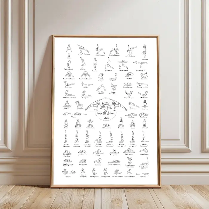 Affiche de décomposition des poses de yoga relaxantes en noir et blanc