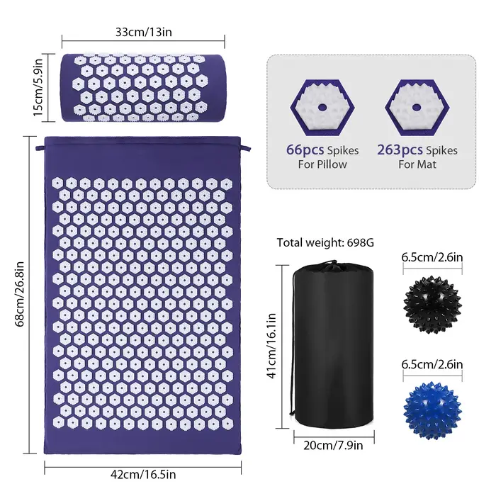 Tomshoo Ensemble de tapis et oreiller d'acupression avec sac pour la relaxation musculaire et le soulagement du stress