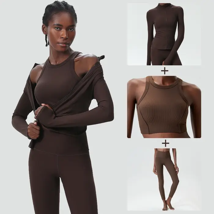 Ensemble de Yoga 3 pièces pour femmes, couleur unie, côtelé, combinaison de gymnastique, manches lon