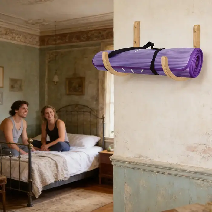 Support mural en bois pour tapis de yoga