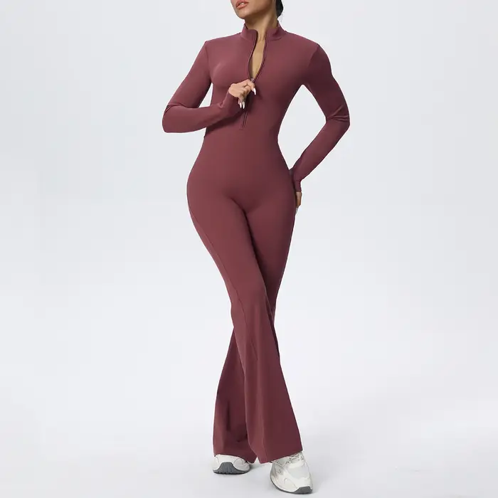 Femme couleur unie combinaison Yoga costume demi fermeture éclair Scrunch sport Fitness vêtements gymnastique Push Up