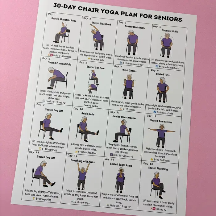 Affiche de plan d'entraînement de yoga en position assise sur 30 jours pour les seniors