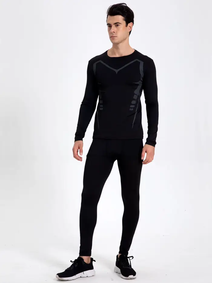 Chemise de sport à manches longues à compression respirante pour hommes – Vêtements de sport à col r