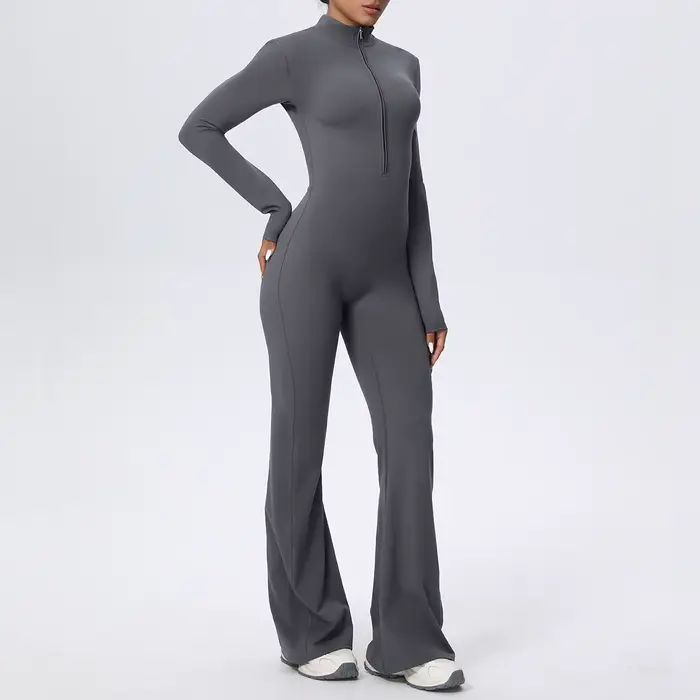 Femme couleur unie combinaison Yoga costume demi fermeture éclair Scrunch sport Fitness vêtements gy