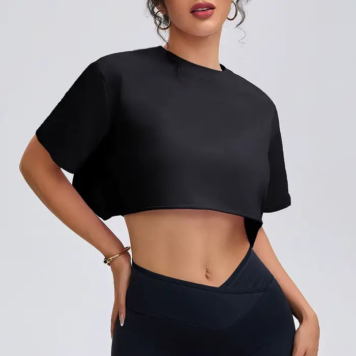 Anfilia femmes mode chemises de Yoga coupe ample col rond manches courtes 95% coton respirant gymnase Fitness course