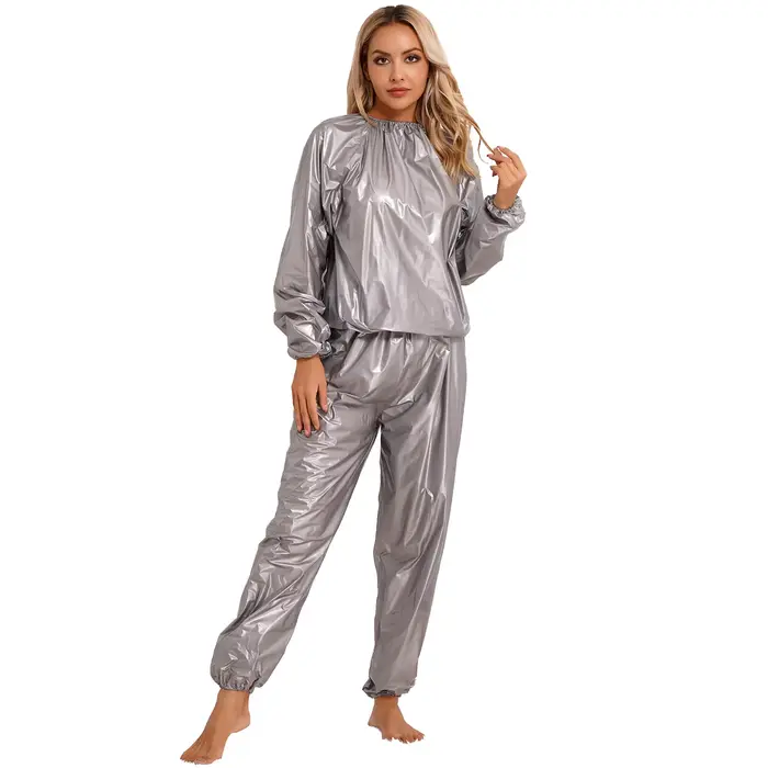 Combinaison de Sauna en PVC pour femmes, 2 pièces, manches longues, manchette élastique, haut et pan