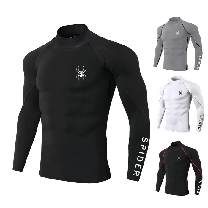 T-shirts de course à manches longues pour hommes, chemises de Sport à Compression, impression araign