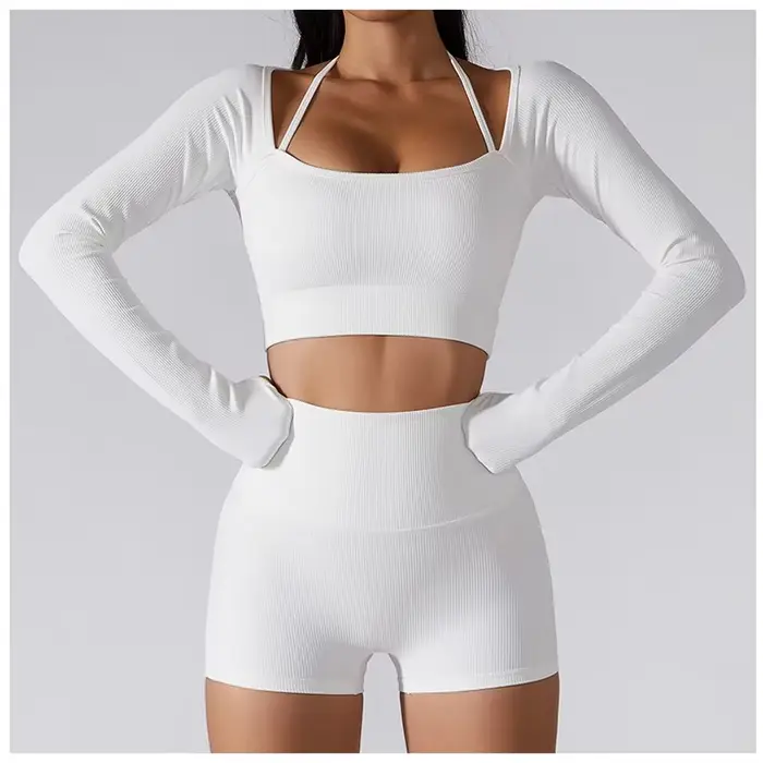Ensemble de Yoga pour femmes, vêtements de gymnastique, survêtement, manches longues, haut court, so