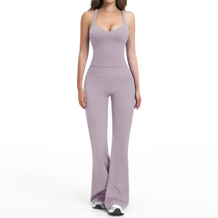 Ensemble de yoga 2 pièces pour femme : pantalon évasé et débardeur de sport antichoc – Tenue