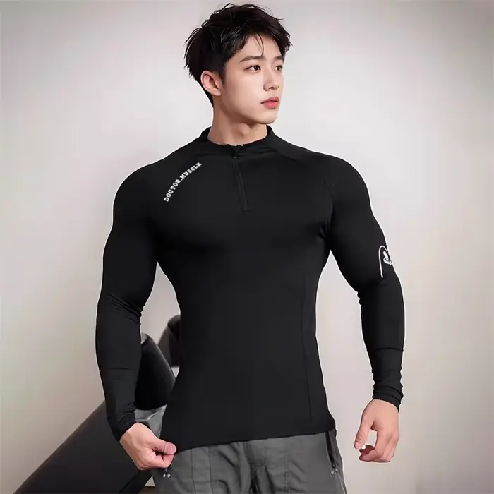 Haute qualité fermeture éclair col rond hauts sport printemps automne fitness T-shirt hommes à manch