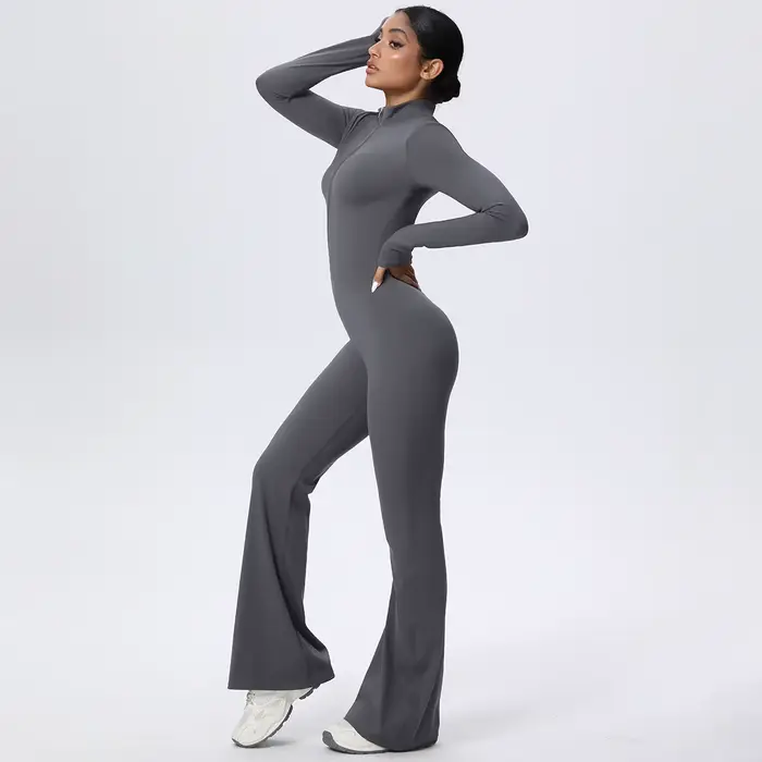 Femme couleur unie combinaison Yoga costume demi fermeture éclair Scrunch sport Fitness vêtements gy