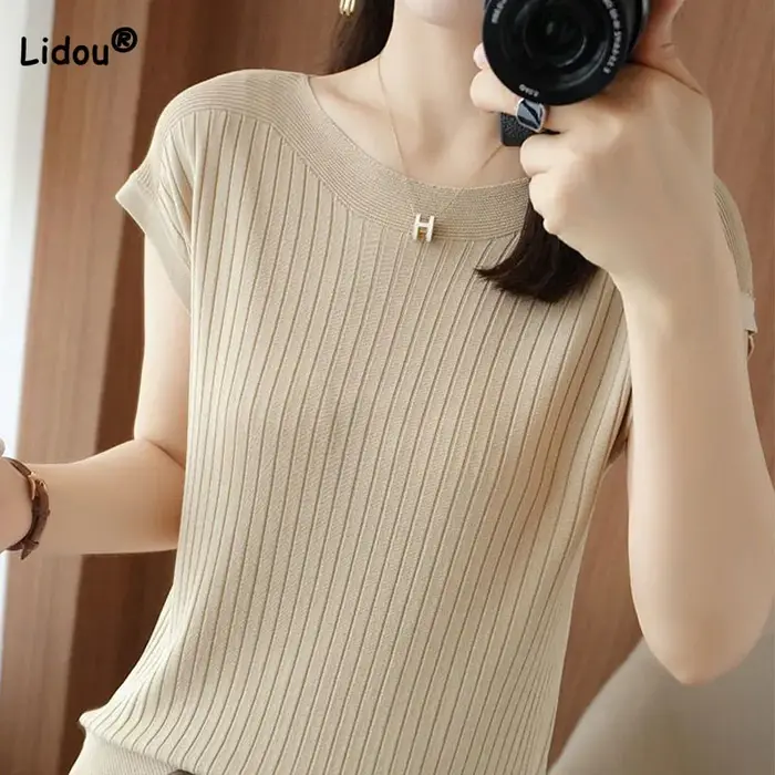 Vêtements pour femmes élégant tout-match couleur unie glace soie T-shirt 2023 été femme coréenne simplicité ample à manches courtes hauts