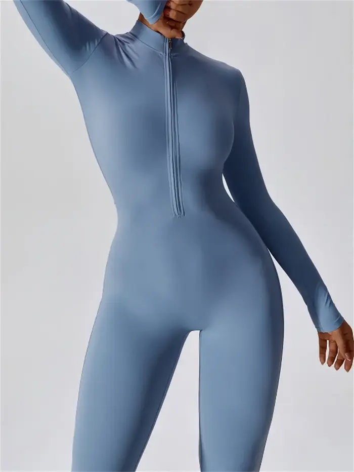 Combinaison de yoga longue intégrée à demi-zip, couleur unie, sexy, manches longues, vêtements de sp