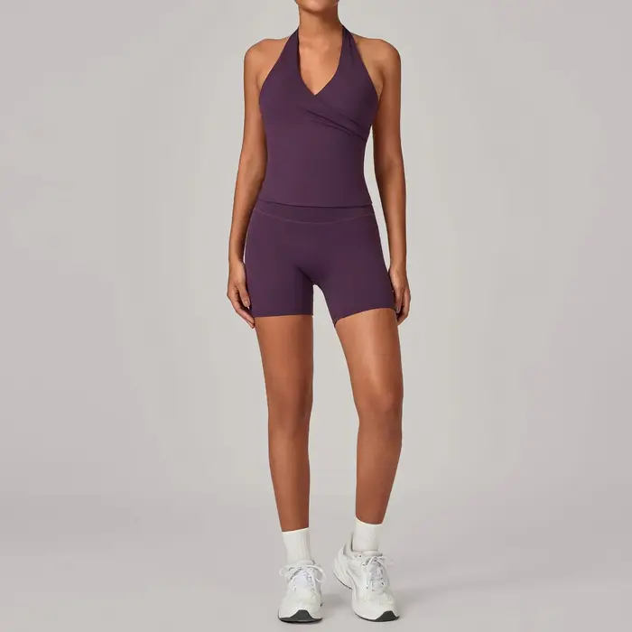 SOISOU Nylon doux femme vêtements 2 pièces ensemble de Yoga licou cou soutien-gorge Sport Shorts fem