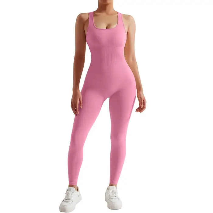 Combinaison de sport fitness sans manches à motif fileté pour femme